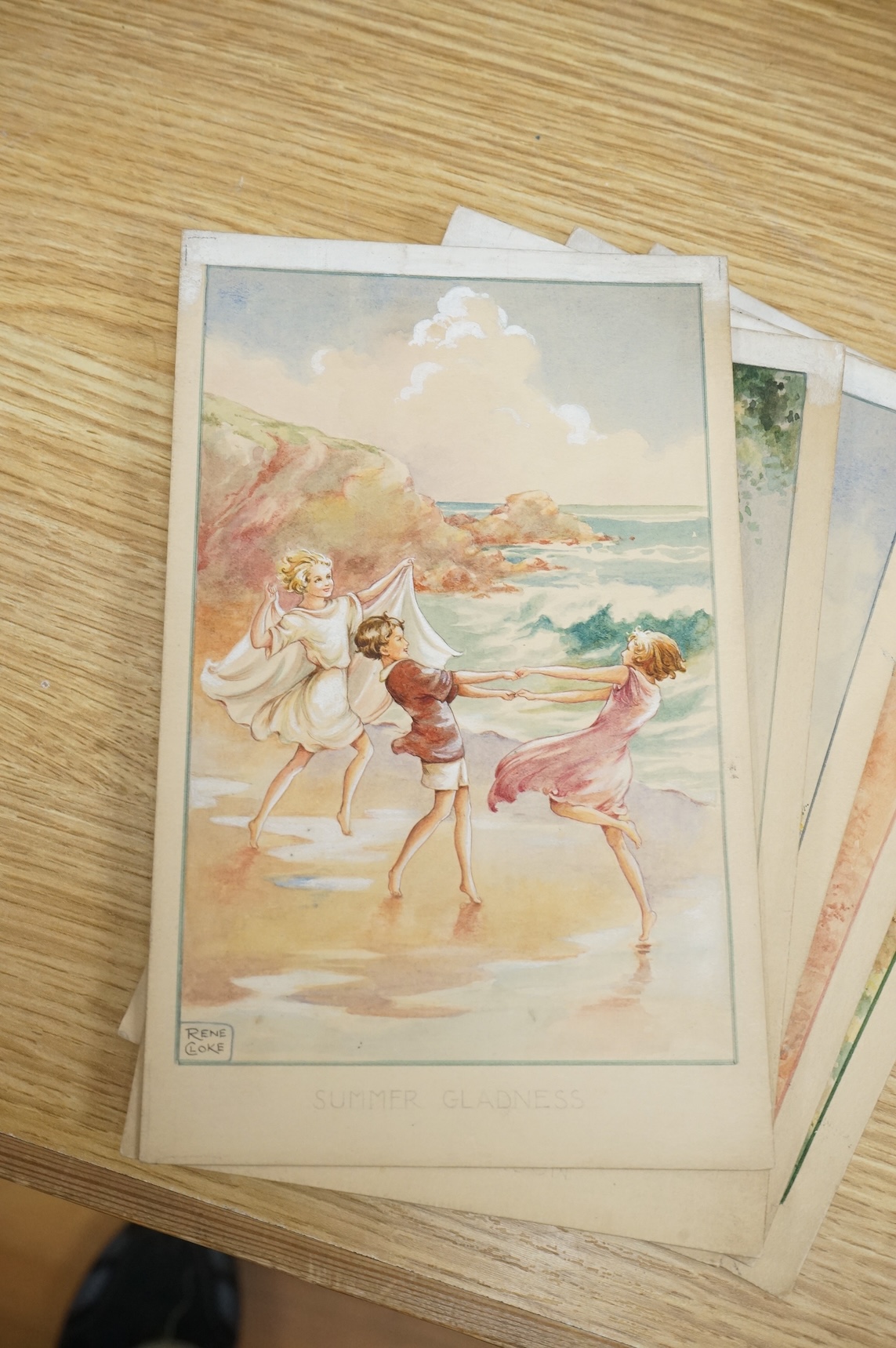 Rene Cloke (1904-1995), set of six original watercolours for children's postcard designs, Country Days to include Fog in the Valley, Spring Babies and Summer Noon, each signed, unframed, 21 x 13cm